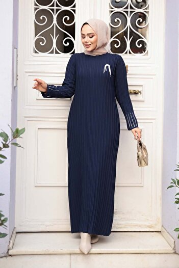 N.S NEVA STYLE Navy Blue Mercerized Knitwear Hijab Dress 25631L