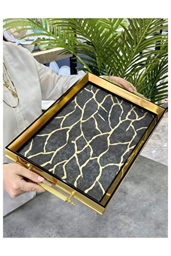 Doğudeko Lux Avangarde Chich Rectangular Patterned Tray Gold Silver