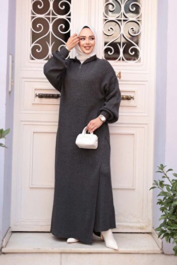 N.S NEVA STYLE Ribbed Anthracite Knitwear Hijab Double Set 17207Ant