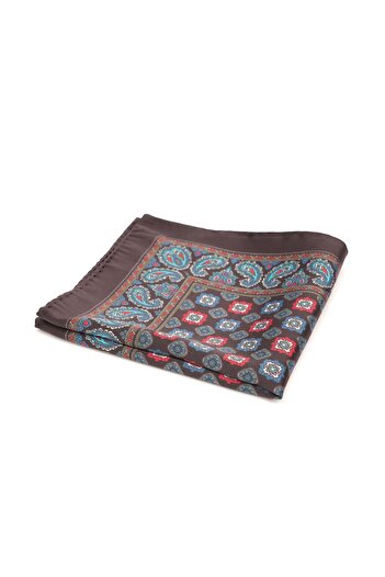 6AM Ceremony Brown pocket square with floral print and turquoise paisley border