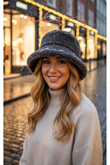Eke Tekstil Women's Plush Bucket Dark Gray Color Hat