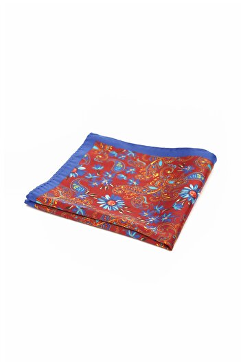 6AM Ceremony Red pocket square with multicolor floral and paisley print, blue border