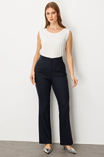 Ekol Women's Plus Size Elastic Waist Wide Leg Pants 1107 Navy Blue