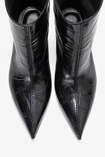 LuviShoes Γυναικείες μπότες με τακούνι NUVIA Black Print με μυτερή μύτη
