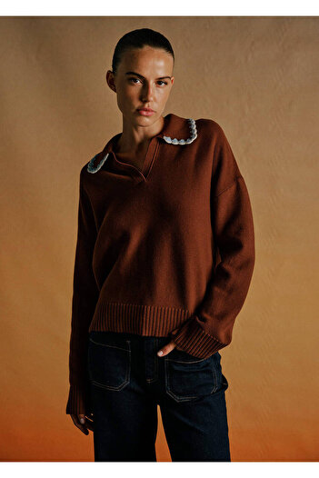 Knitss Contrast Color V-Neck Brown Knitwear