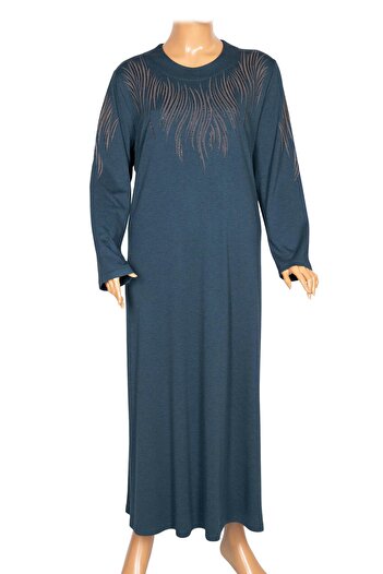 HESNA Women's Elvan Winter Plus Size Full Length Printed Petrol Dress