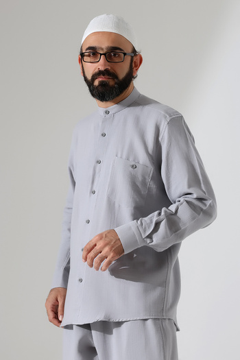 ihvan online Men's Muslin Hakim Collar Long Sleeve Button up Shirt, Hajj Umrah Clothing - Gray (Ans)