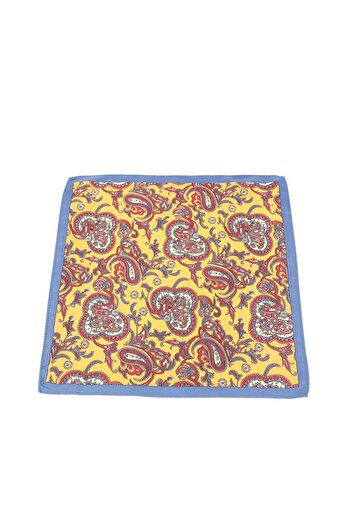 6AM Ceremony Yellow pocket square with multicolor paisley print and blue border