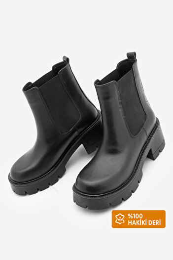 Marjin Women's Genuine Leather Double Elastic Thick Heeled Casual Boots Viper Black