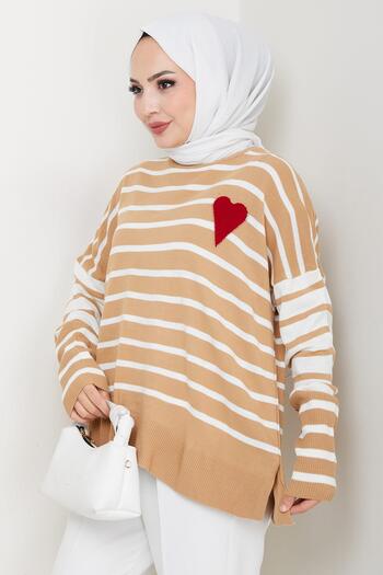 hafsamina Heart Applique Striped Sweater Camel Hm2617
