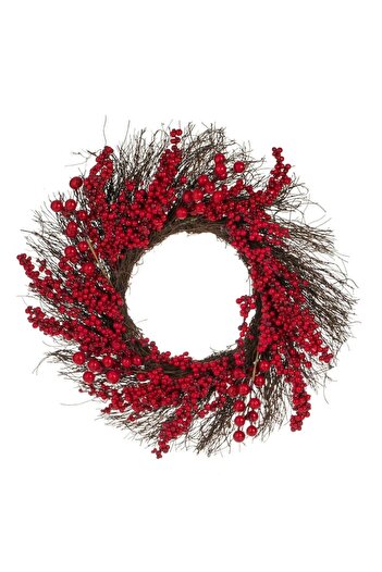 SHOPIENS Decorative Christmas Wreath 50 cm - Wooden Base, Red Berries, PE and Foam Ornaments