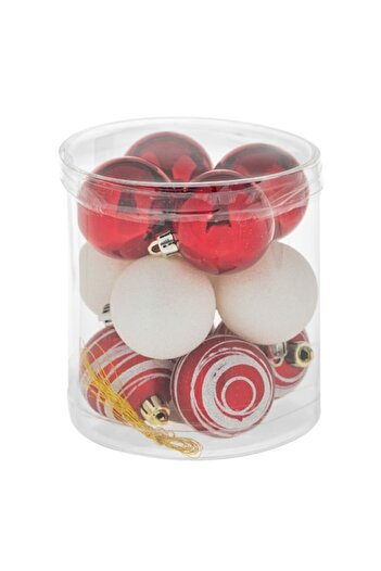 SHOPIENS Christmas Bauble Set 'Candy' - White & Red with Glitter Stripes, 12 pcs, 5 cm, Plastic