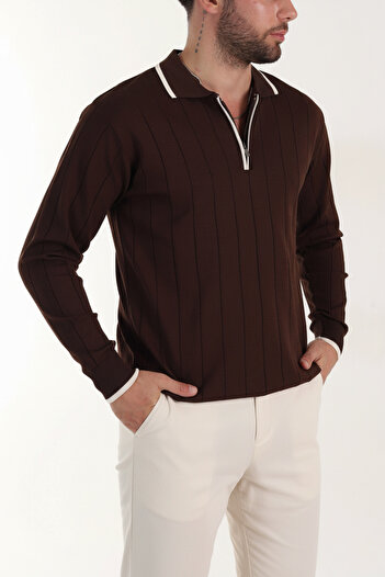 MENOFOURSWEAR Old Money High Quality Long Sleeve Polo Neck Men's Knitwear Sweater Brown
