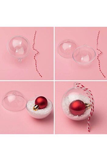 SHOPIENS Transparent Christmas Baubles 10cm & 12cm Set of 2 with Red Checkered Cord