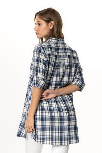 Eliş Şile Bezi Women's Şile Cloth High Neck Summer Tunic Navy Blue Plaid 3058