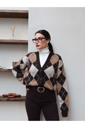 ESRAHELVACI V-Neck Baklava Patterned Casual Cardigan