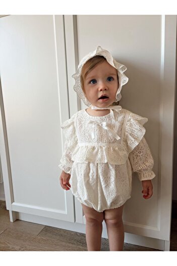 2kids2mom Baby Girl Long Sleeve Romper with Hat, Guipure Embroidered Snap Fastener Romper Badi Two-Piece Set