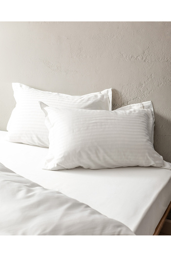 Madame Coco Elicia King Size 100% Cotton Striped Satin Duvet Cover Set - Ecru