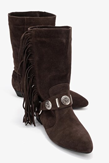 LuviShoes Selora Brown Suede Tasseled Genuine Leather Buckle Women's Western Boots