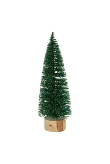 SHOPIENS Decorative Christmas Tree LED, Green, 24 cm, Wooden Base, Glitter