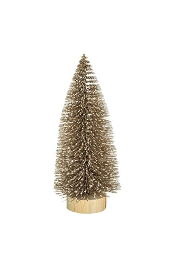 SHOPIENS Decorative Artificial Christmas Tree, Snowed with Glitter, Wooden Base, Beige, 16 cm