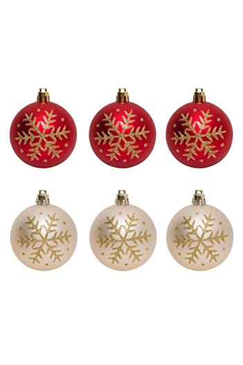 SHOPIENS Set of Christmas Baubles, Snowflake Glitter, Red-Beige, 6cm, 6 pcs