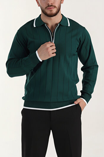 MENOFOURSWEAR Old Money High Quality Long Sleeve Polo Neck Men's Knitwear Sweater Emerald Green