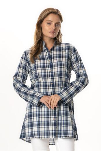 Eliş Şile Bezi Women's Şile Cloth High Neck Summer Tunic Navy Blue Plaid 3058