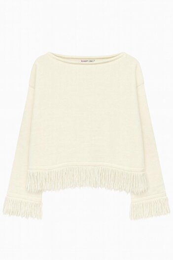 Mixray 6981 Women's Tassel Detailed Boat Neck Knit Sweater Natural