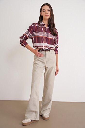 Mixray 4751 Women's Plaid Slim Satin Shirt Burgundy
