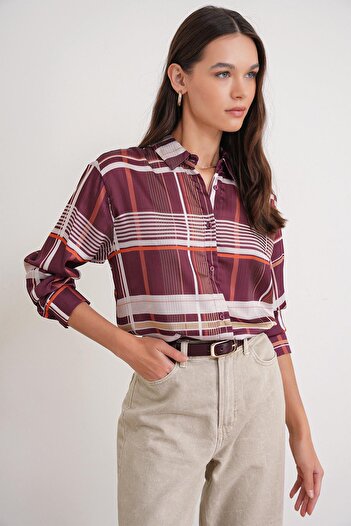 Mixray 4751 Women's Plaid Slim Satin Shirt Burgundy