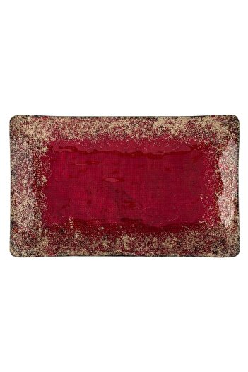 SHOPIENS Christmas Decorative Platter, Rectangular, Glass, Red with Gold Glitter, 41x25.5x3.5 cm