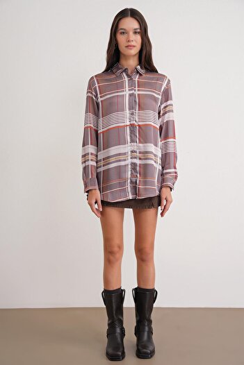 Mixray 4751 Women's Plaid Slim Satin Shirt Beige