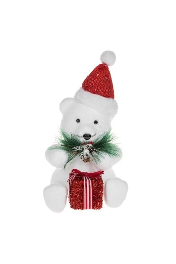 SHOPIENS Christmas Decorative Figurine, Foam Teddy Bear, Silver Glitter, Red Hat, 27 cm