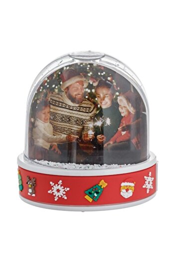SHOPIENS Christmas Liquid Globe with Glitter, Double Photo Frame, Red Base, 9x9 cm