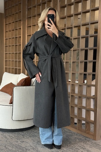 Laluvia Anthracite Premium Coat with Pocket Detail on the Sleeves - 408033