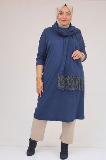 Eslina 58158-1 Plus Size Scarf-Tassel Mir Tunic - Indigo