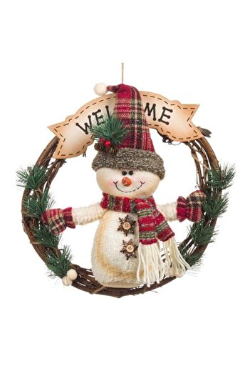 ANTBRO ® Christmas decorative wreath - snowman ecru, checkered hat and message, 35cm