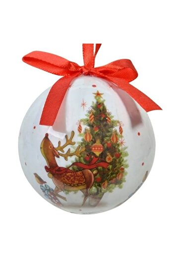 ANTBRO Christmas tree ornament - white bauble with reindeer, tree and presents, 7.5cm