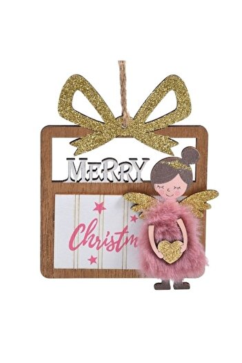 ANTBRO ® wooden Christmas tree ornament - 3D angel with dusty pink fur, 8.5x10.5cm