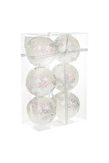 ANTBRO Set of 6 Christmas tree baubles, foam with iridescent glitter and silver snowflake, 8 cm