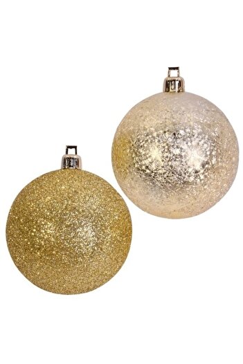 ANTBRO ® Set of 12 Christmas Tree Baubles, gold color, with glitter and crackle pattern, 7cm