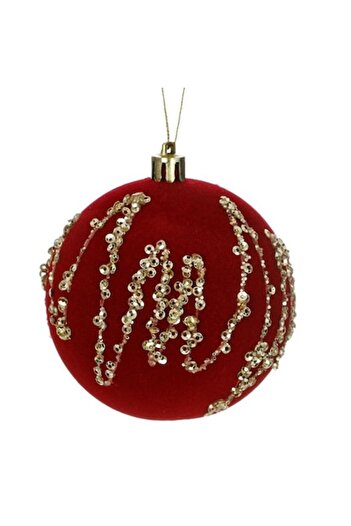 ANTBRO Christmas Tree Ornament - Velvet Quilted Red Bauble with Gold Sequins, 9 cm