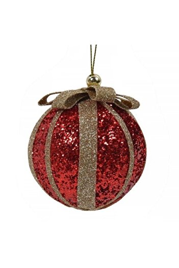ANTBRO Christmas tree ornament red foam bauble with beige champagne glitter ribbon and bow, 8cm