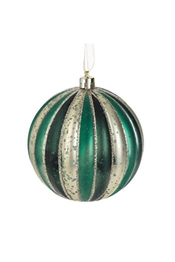 ANTBRO plastic Christmas bauble with raised beige/champagne, green and petrol stripes, glitter, Ø10