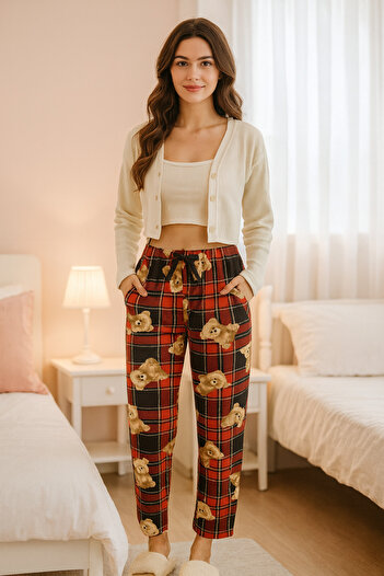 bendengiy Women's Patterned Suede Quality Soft Winter Pajama Bottoms