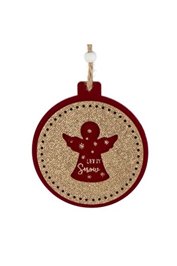ANTBRO Christmas tree ornament, red velvet wooden disc with angel, gold glitter, 'Let it Snow', 10cm