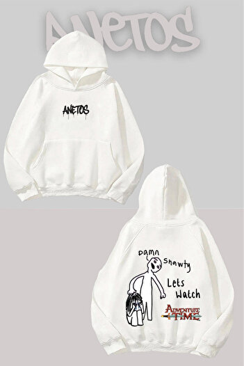 Anetos Lets Watch Adventure Time Back Printed White Hooded Sweatshirt