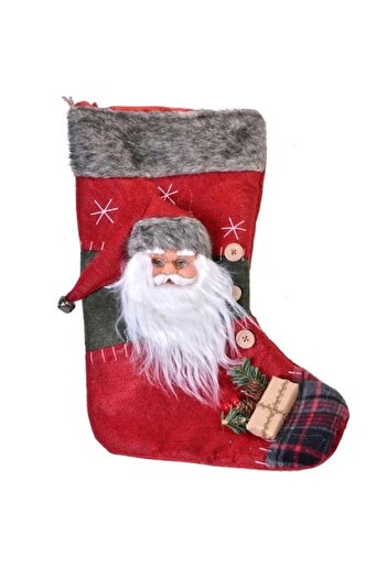 ANTBRO Christmas Gift Stocking - Red with 3D Santa and Grey Fur, 40 cm