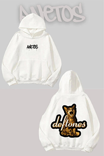 Anetos Deftones Cat Back Print White Hooded Sweatshirt